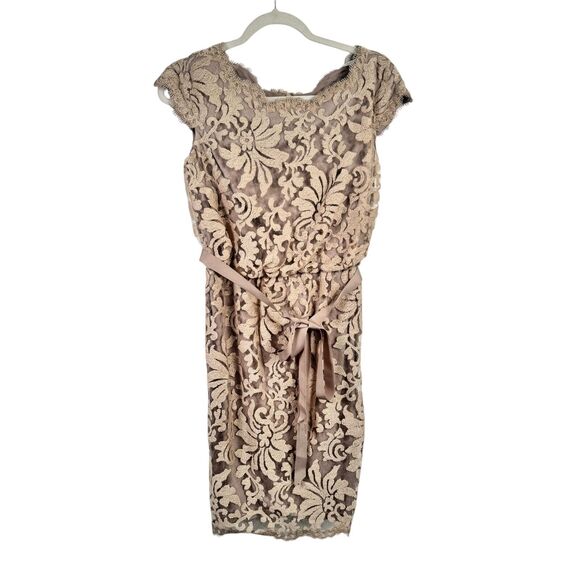 Tadashi Shoji Greta Lace Belted Bow Sheath Dress Sand Taupe Cocktail Womens 4 - Picture 1 of 7